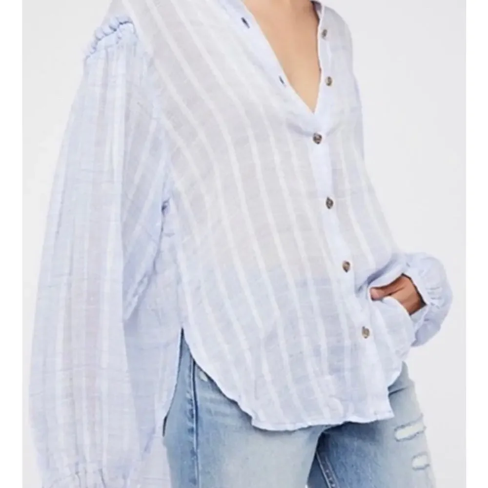 Free People Headed‎ To The Highlands Blue White Gauzy Shirt Womens Size XS Boho